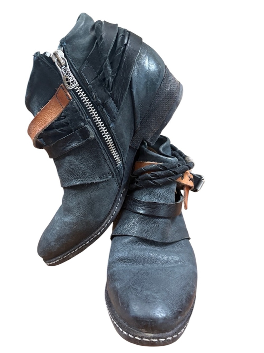 A.S.98 Black Leather distressed Ankle Boots black Leather Braid size 37 6.5/7